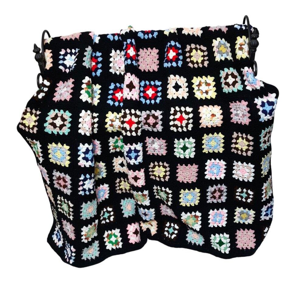 Colorful Hand-Crocheted Granny Square Blanket Multicolored Squares on Black Back